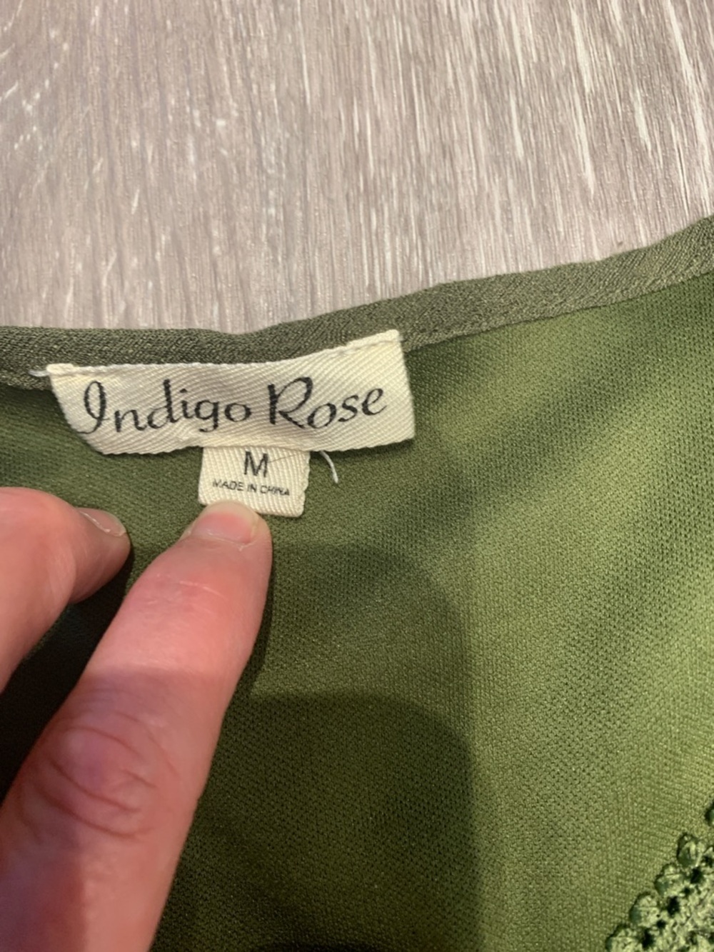 Olive Green Boho Lace-Trim Dress with bell sleeves - Picture 2 of 3